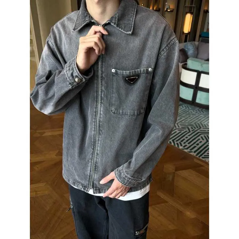 High quality designer clothing triangle pocket with vintage badge zipper denim shirt for men women versatile work jacket