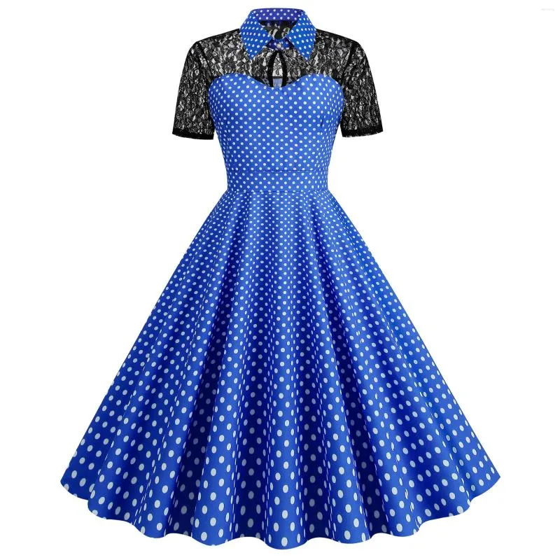 Sıradan Elbiseler Fransız Retro Polo Yakası Dantel Patchwork See-Through Polka Dot Dotları Bel Kısa Kollu Orta Uzun Uzun Uzun Salıncak