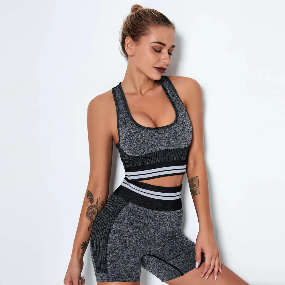 Lu Set Jumpsuit ALIGN LEAMON NAADLOOS Stripe Fiess Yoga Shorts Sets Sport beha breien sportkleding workout lopen fietsen dames tracksuit