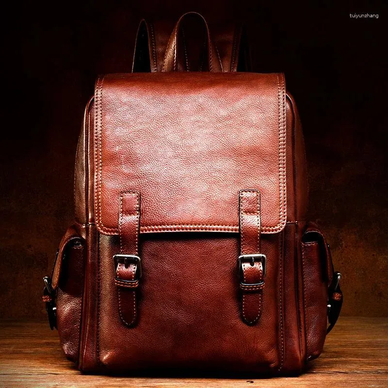 Backpack Men Luxury Designer Soft Handmake Distressed Cognac Leather Rucksack Knapsack With Pockets Gifts For School Travel Bag