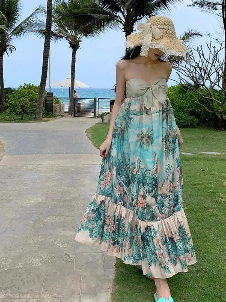 Casual Dresses Summer Vintage Green Print Off Shoulder Party Strapless Long For Women Sexy Club Boho Backless Pleated Sundress Romantic