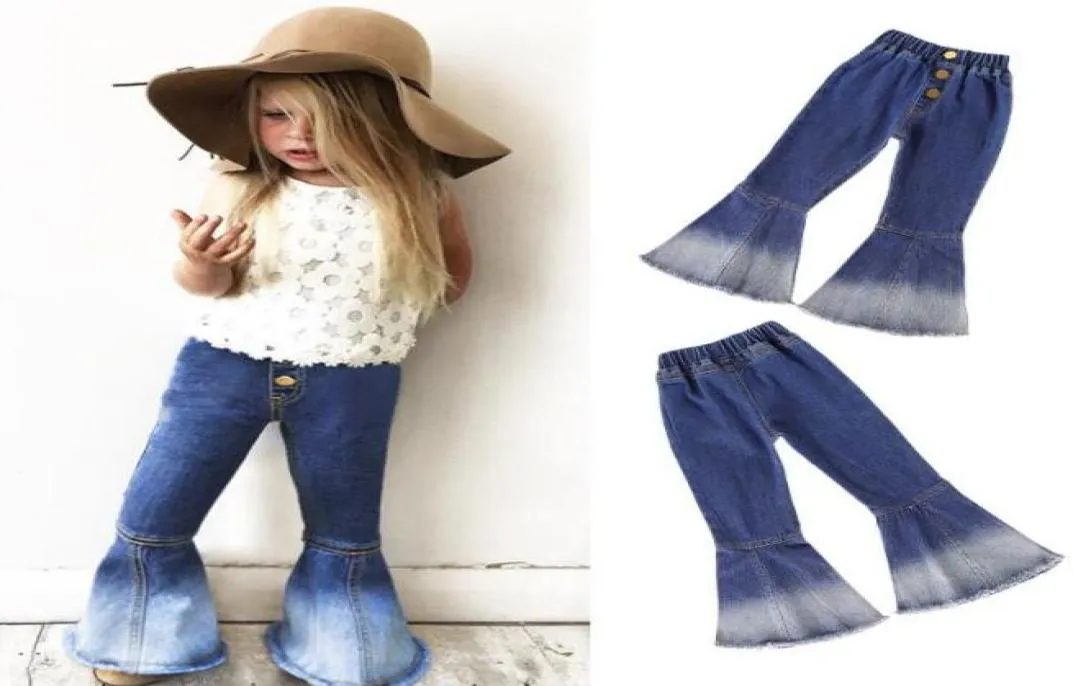 Girl Pants flare byxor denim barn designer kläder flickor jeans klocka bottnar bant bred benbyxor by146771335553