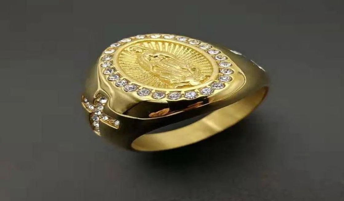 Nouvelle couleur d'or religieuse Mary Ring Men 316l en acier inoxydable cristal sacré de Guadalupei Ring Catholicisme Jewelry8837640