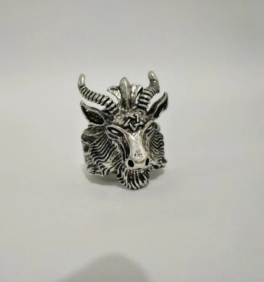 Retro Schafsziege Hornkopf Finger Ring Satan Anbetung Baphomet Aries Zodiac Wicca Star für Männer Junge Geschenk Punk Biker Tierjuwely895920653