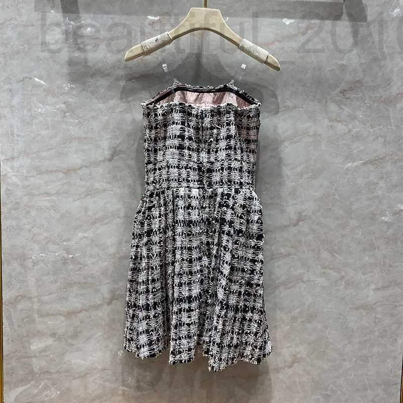Podstawowe sukienki zwykłe designer wełniany przezroczysty sukienkę bez ramiączek na damskie letni różowy czarny czarny gruby nić tkany talia