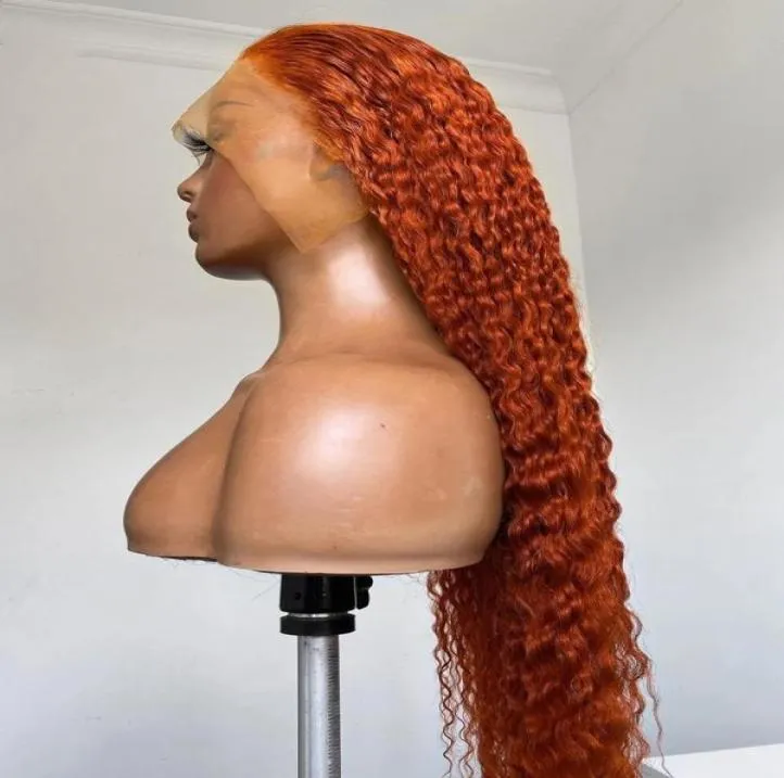 28 30 inç zencefil turuncu renkli kıvırcık 13x4 dantel ön insan saç perukları 180 Derin Dalga Siyah Kadınlar İçin Sentetik Peruk5160903