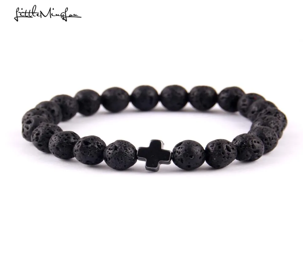 Little Minglou New Trendy Jesus charme Men Bracelets Black Lava Stone 8 mm Bracelets Bracelets Bangles pour femmes bijoux8408056