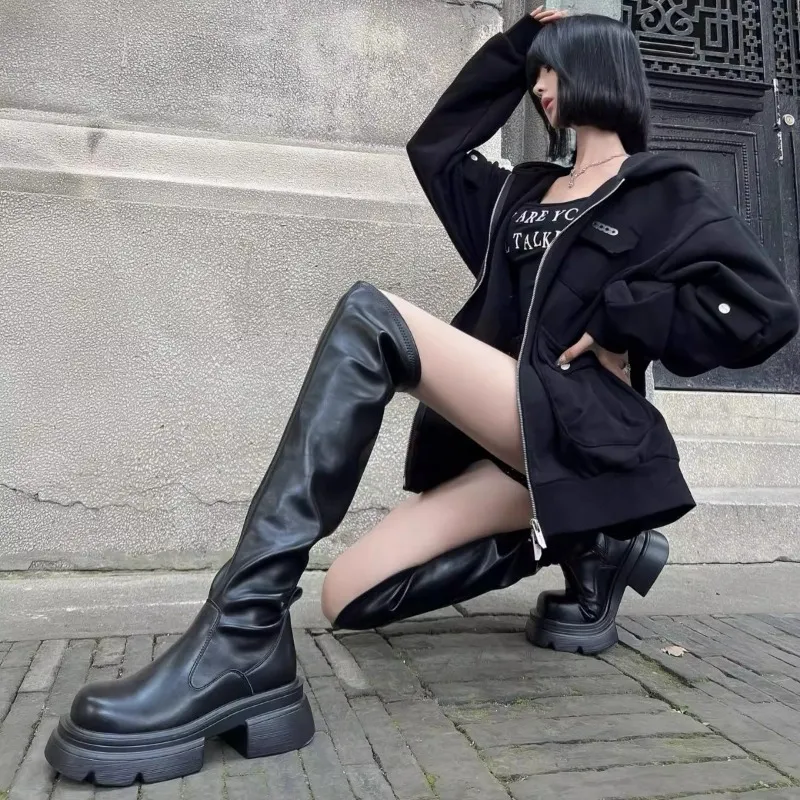 Women's Black Over The Knee Platform Boots - Chunky Heels, Square Toe, Elastic Detail, 2024 Trend Women's Black Over The Knee Platform Boots - Chunky Heels, Square Toe, Elastic Detail, 2024 Trend