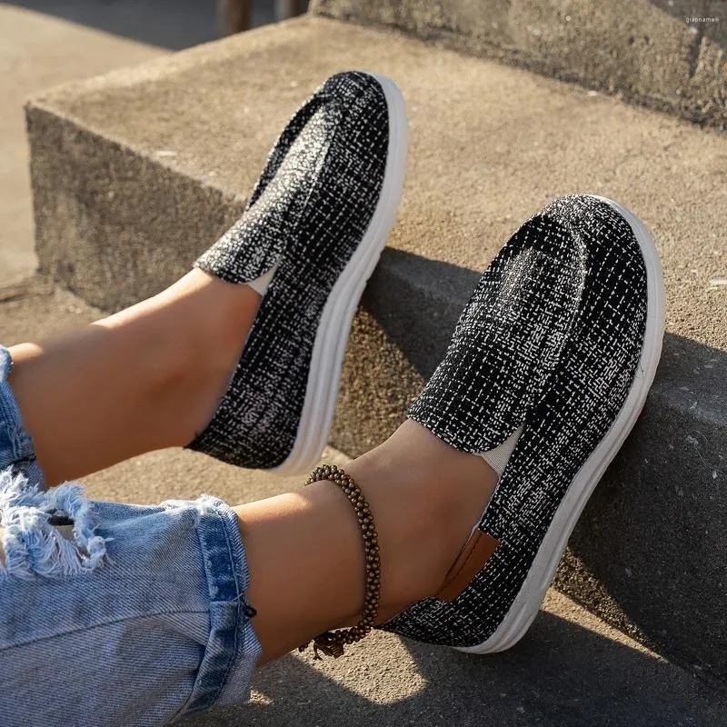 Casual Shoes Designer Style Texture Print Canvas Loafers Woman Autumn Light Weight Slip-On Sneakers Ladies Breattable Flat