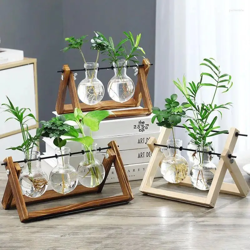 Vases Plants Transparent Bulb Vase With Wood Stand Creative Planter Hydroponic Holder Home Garden Office Decoration 21x15cm