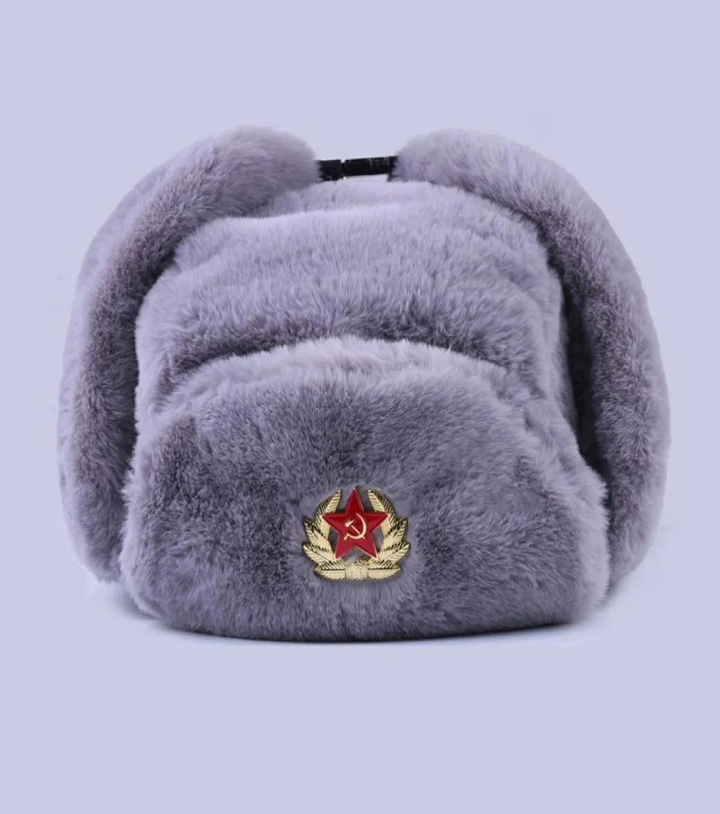 Radziecka odznaka Ushanka Rosjanie mężczyźni kobiety Winter Hats Faux Rabbit Fur Army wojskowy kapelusz bombowy Kosak Trapack Earflap Snow Ski Cap 27821061