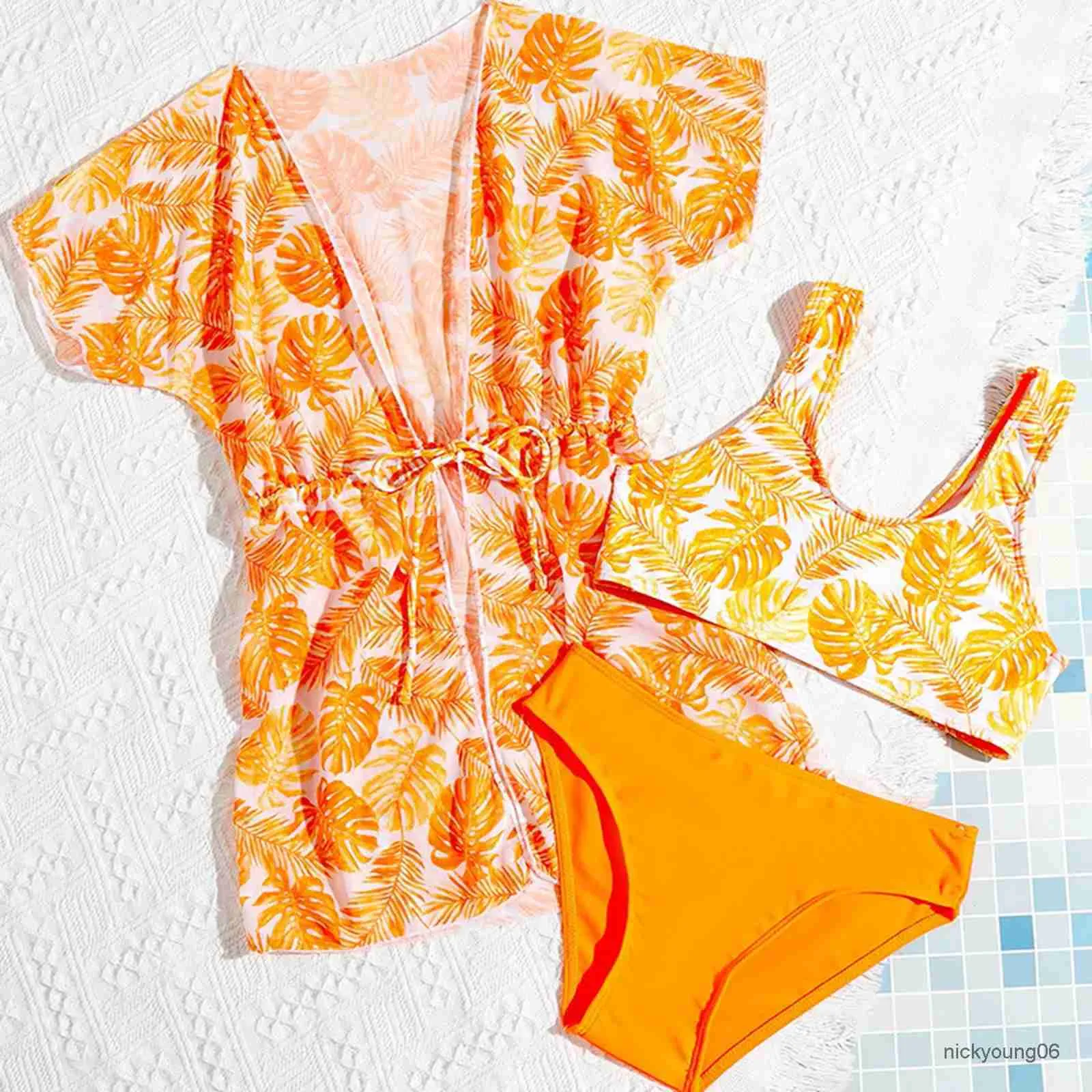 One-Piecs Kids Girls 3 Pieds Feuilles Imprimer des maillots de bain Migne de Bikini Cut