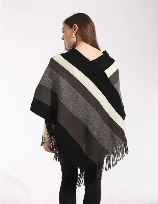 Knitting Women Cloak Fring Ladies Pullover Poncho Glittery Cape Tassel Shawl Female Loose Sweater Colored Stripe Winter Women Blou8675485