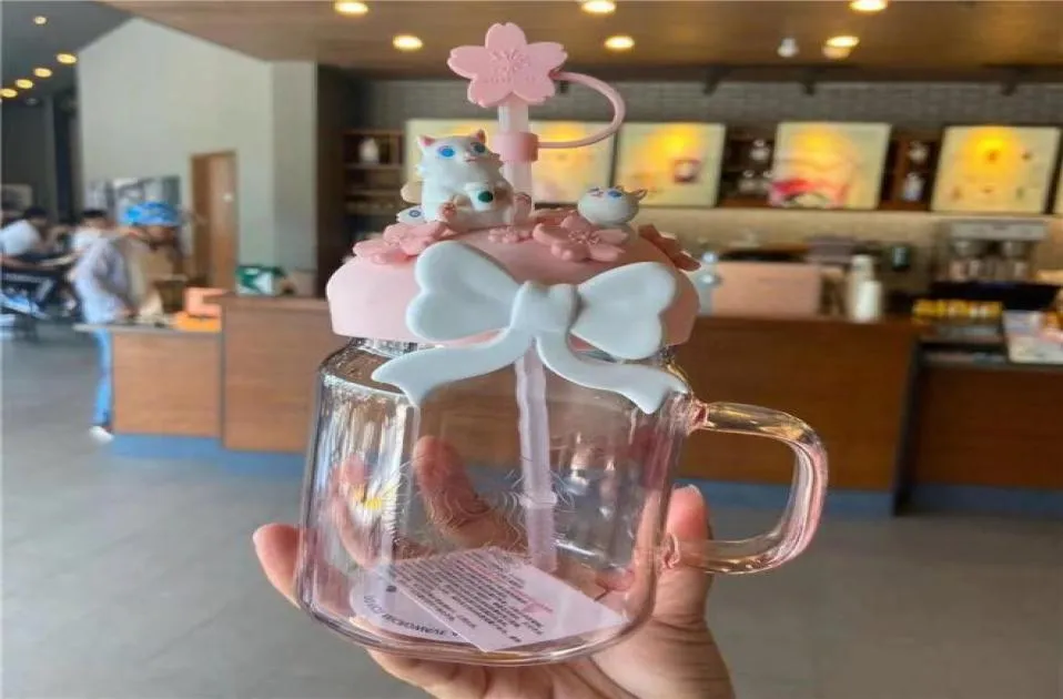 600 ml Pink Sakura Söt kattstrån Mugs Glass Cold Drink Cup Present6144050