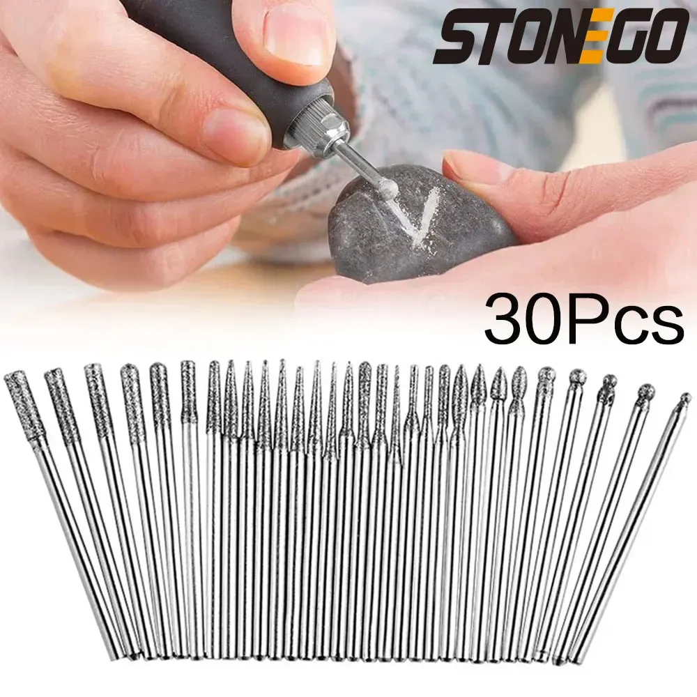 thumbnail interactive-video image 1 of 30-Piece Diamond Grinding Burr Drill Bits – 3mm Shank For Rotary Tools 1 of 3