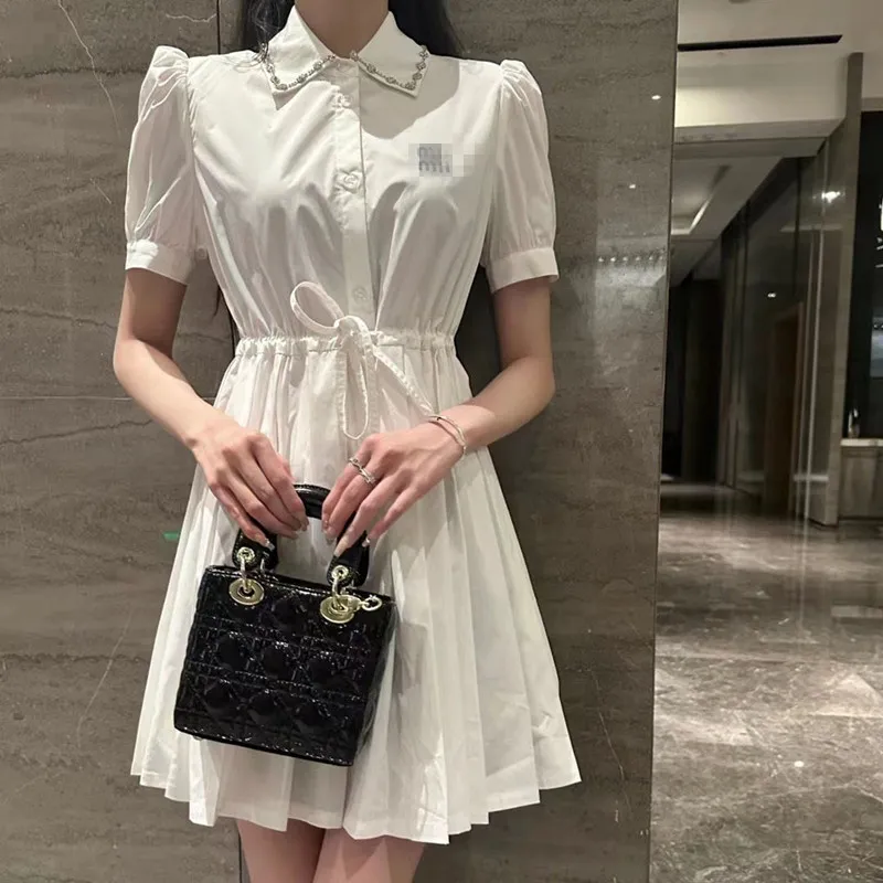 High Set Letter Brodery Lapel Shirt Dress Women's New Summer Drawstring Midjen PLECTED KOLT