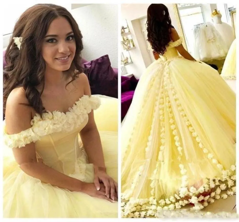 2020 Новые великолепные желтые платья с бальным платьем Quinceanera с плечами с 3D цветами Сладкие 16 Принцесса Корсет Бэк -вечеринка ровно 3820722