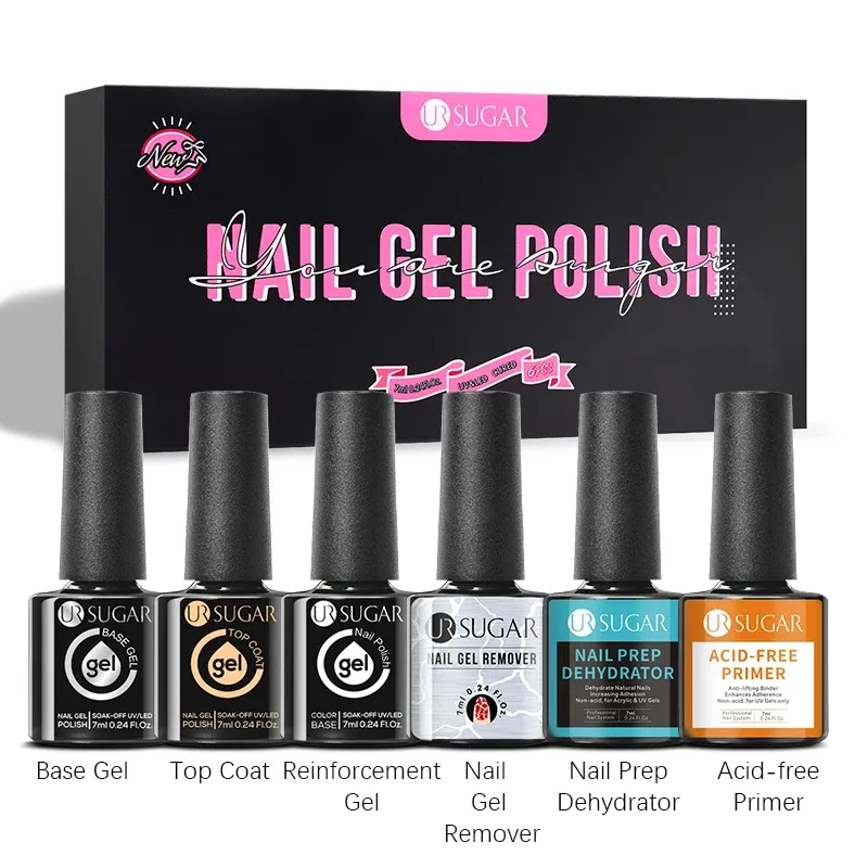 Kits UR SUGAR 6pcs Set No Wipe Top Coat Reinforcement Gel Manicure Kit Macaron Natural Color Gel Nail Polish Soak Off UV LED Gel