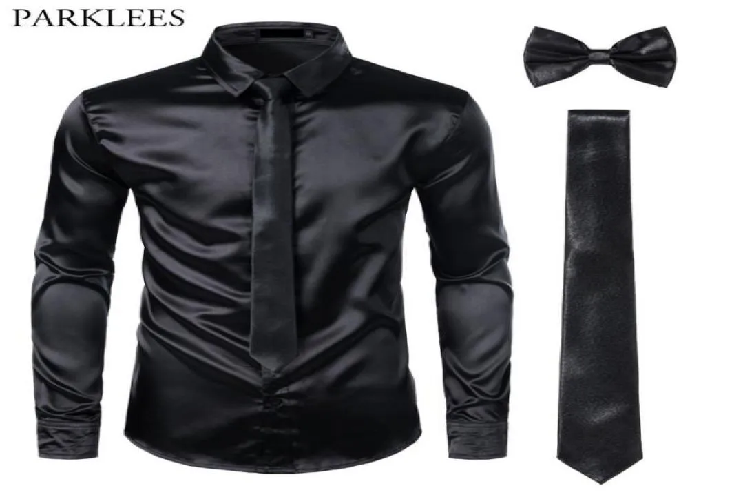 Black Mens Silk Dress Shirts 3pcSshirt Tiebowtie Smooth Satin Shirt Men Slim Fit Party Prom Casual Shirts Men Social Camisa 209747639