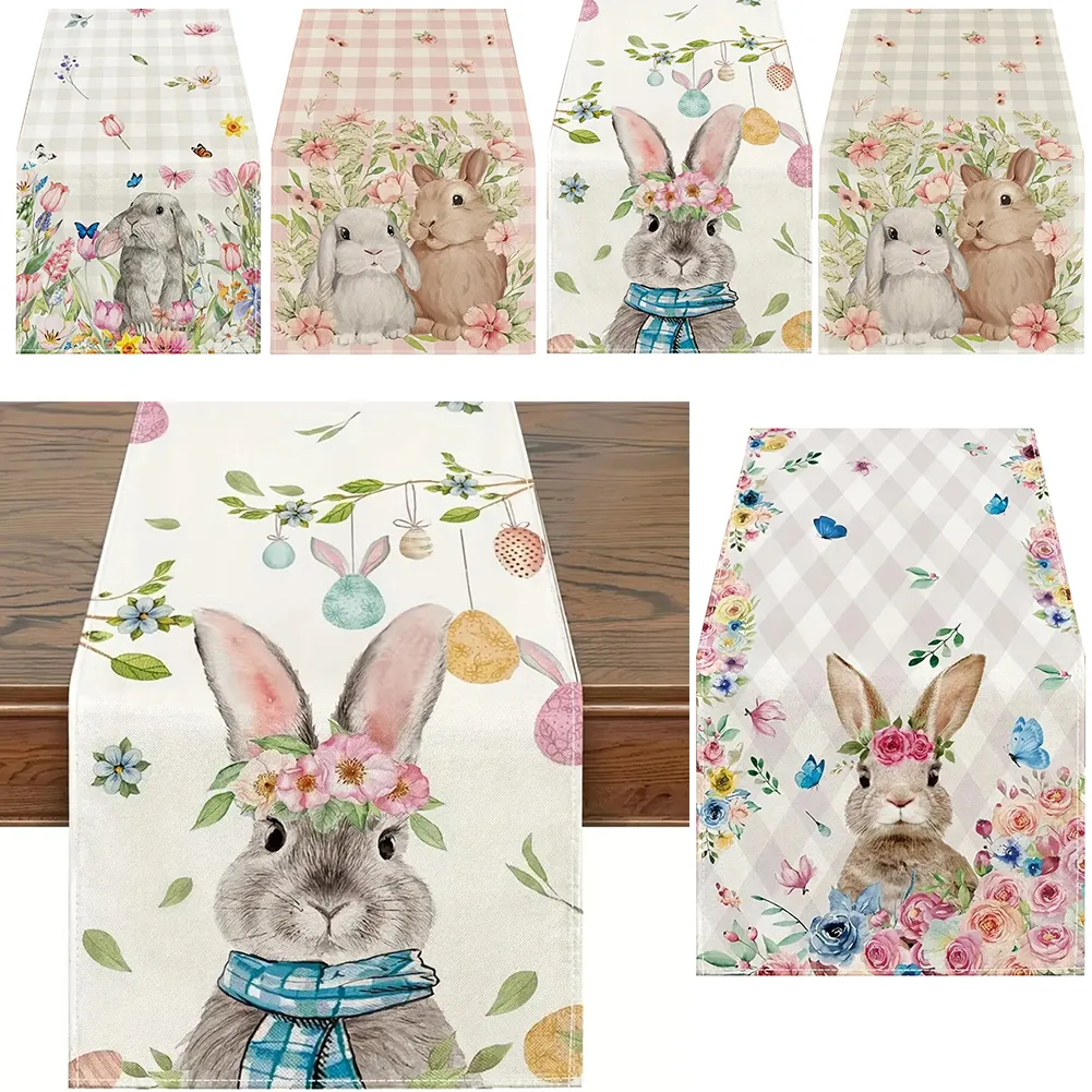 Easter Tablecloth 60x84 Inch – Spring Flower Bunny Buffalo Plaid Rectangle Dining Table Cover - View #3