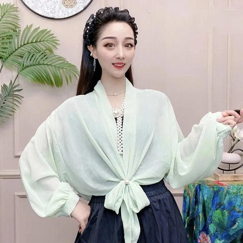 Women's T Shirts Fashion V-neck Tops T-shirts Lace Up Long Sleeve Blouse Beach Cover Shawls Summer Solid Chiffon Cardigan For Women