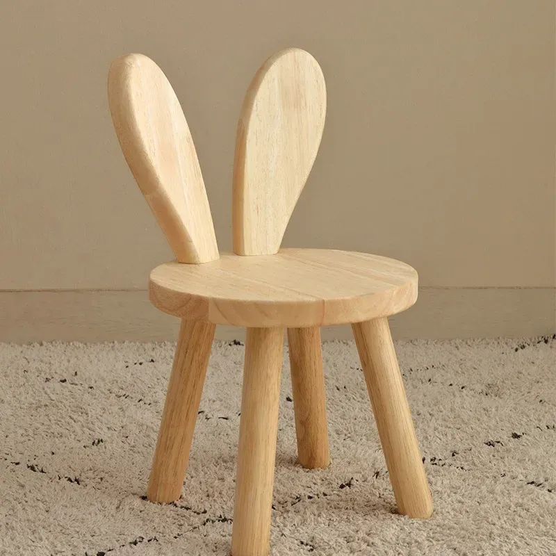 Small Wood Stool With Rabbit Ears Backrest, Childrens Wooden Chair