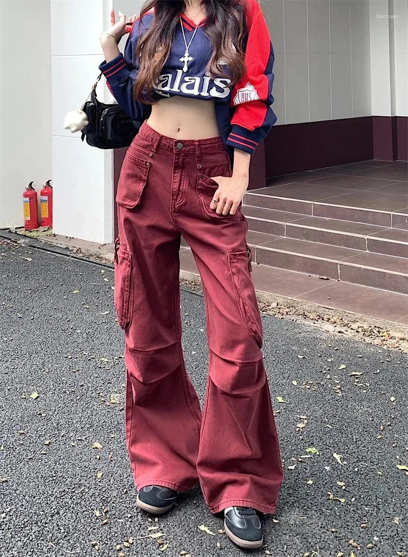 パンツ 2000's archive dark wear red denim pants Baggy Wide Leg Jeans: Red Y2K Harajuku Style, High Waist Pants