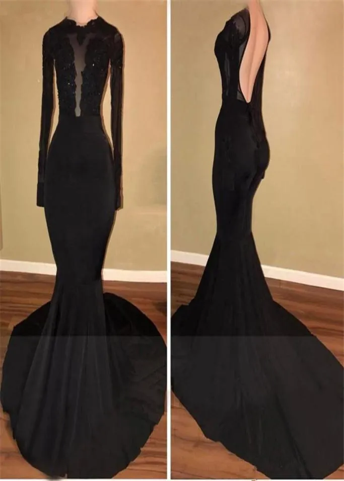 Sexy schwarze Meerjungfrau Prom Kleider 2019 Spitzen Applikationen Langarmes Abschlussballkleid billige Rückenfreie Abendkleider formelle Kleider1255228