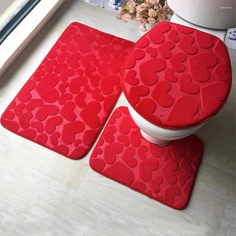 Rideaux de douche 3pcs motif d'amour rouge ensemble de salle de bain set en flanelle de plage de plage de plage antidérapante tapis de bain lavable tape lavable tapis toliet