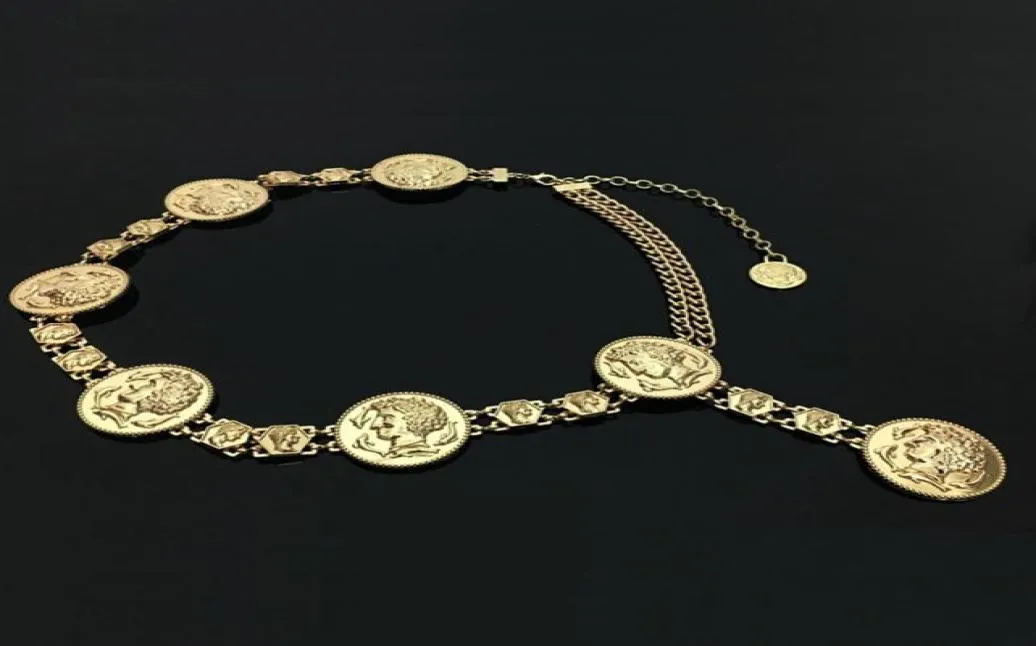 New fashion luxury designer brand chain belt for women Golden coin dolphins portrait metal waist belts Apparel accessories 064761007