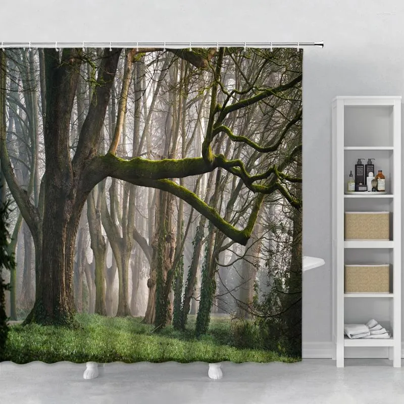 Duschgardiner skog landskap gardin dimma mönster badrum dekorera berg för landskap med krokar