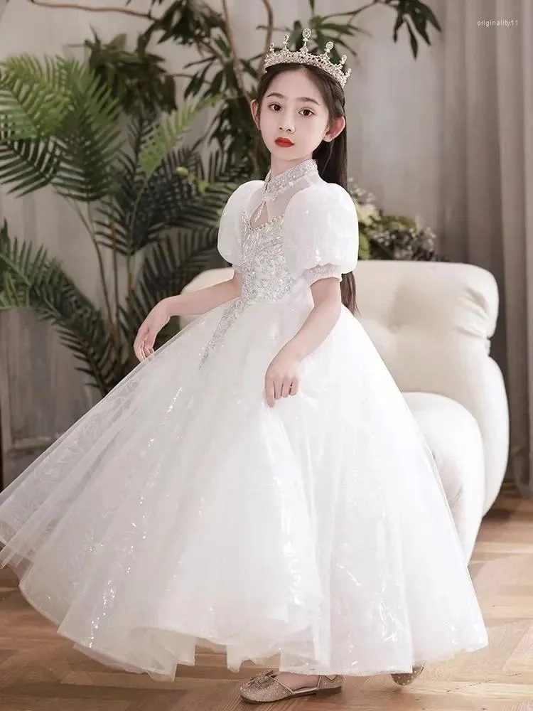 Girl Dresses Children's Piano Performance Dress Little Host Princess Birthday Party Flower White Veil