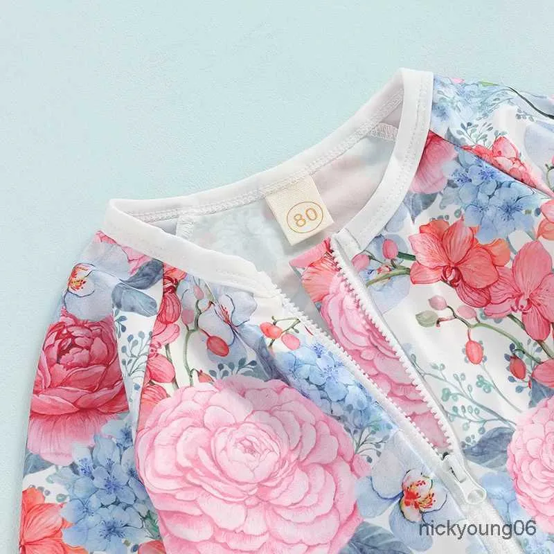 Piecedas de uma peças para crianças roupas de bebê roupas de bebê garotas guarda-maiô de maiô longa com manga comprida Floral Print Zip Up Tise Bathingwearwearwearwearwear