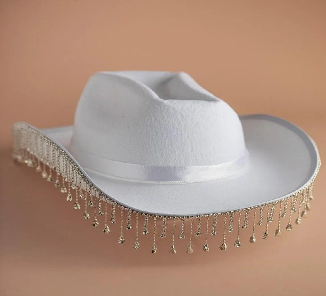 Brede rand hoeden witte diamant franje bruid cowgirl hoed mevrouw cowboy bruidsmeisje geschenk bruids zomer land westelijk hatwide2329054