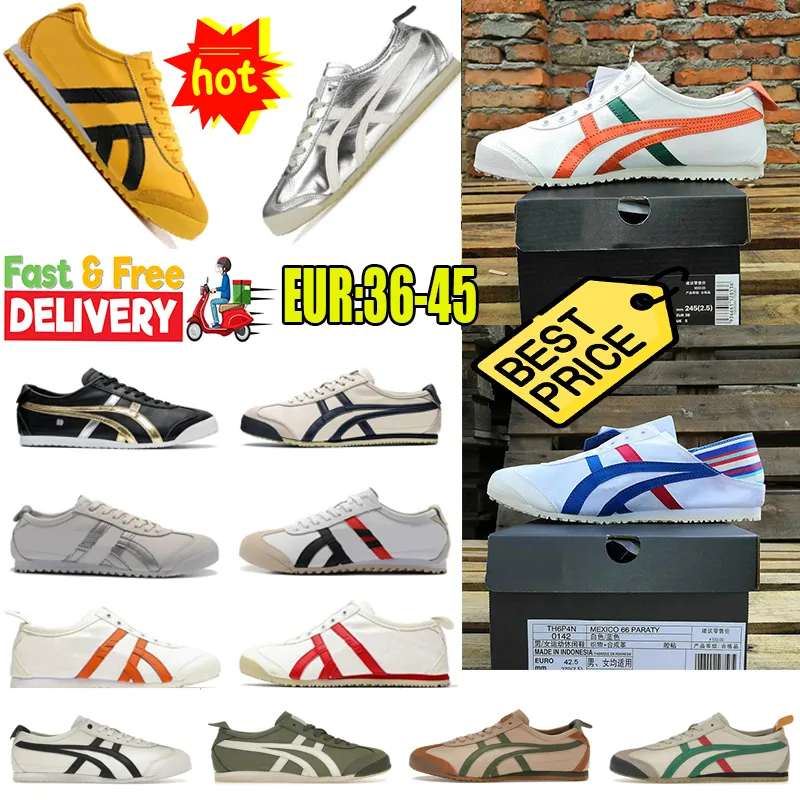 2024 Ny stil casual skor mens mexico 66 slip-on läder snörning sneakers gummi svart vit gula kvinnor sporttränare gai lågt pris 36-45 eur 36-45