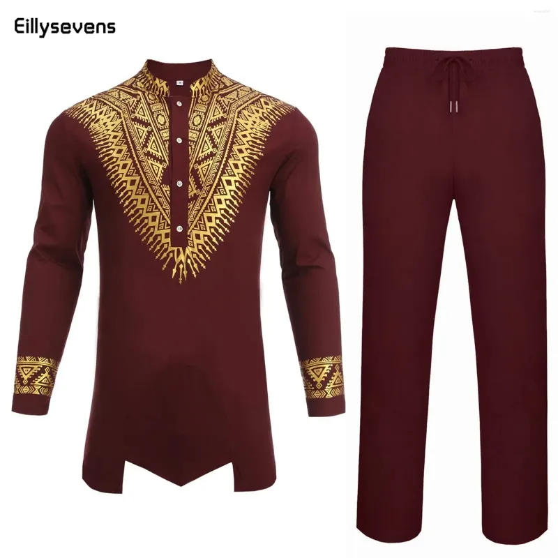 Les combinaisons de survêtement masculines sont des tenues de Kaftan Round Neck Striped Imprimé à manches longues et de style ethnique africain ensembles de vêtements traditionnels 2024
