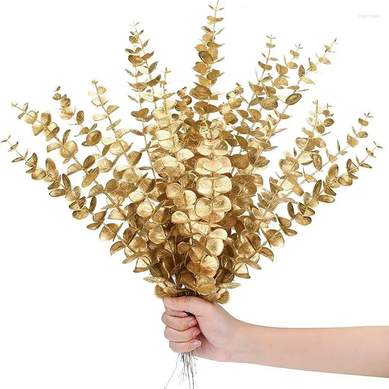 Flores decorativas 36PCs Artificial Golden Eucalyptus Flower Branch São Simulação Plástico Planta Fansa folhas Decoração de arranjo de casamento em casa