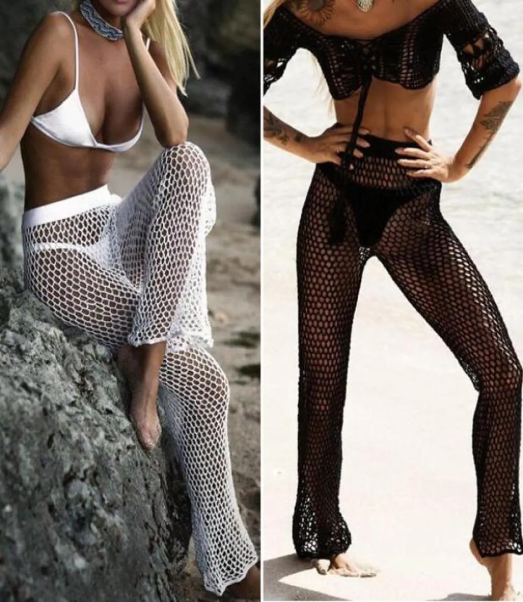 Knitted HollowOut Beach Fishing Net Pants Women Hand Crochet Beach Long Sunscreen Trousers sexy bikini Swimsuit8769903