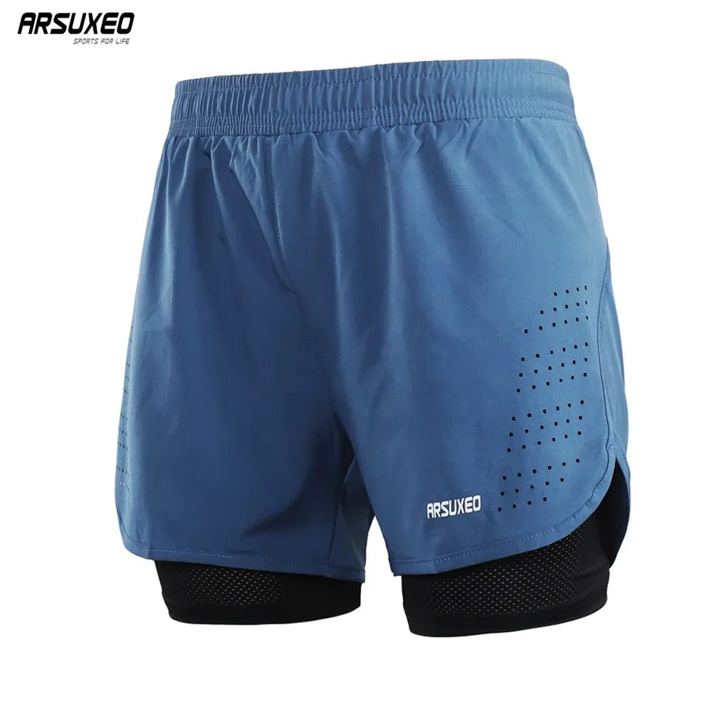 Pants Arsuxeo Men's Running Shorts 2 i 1 snabb torr sport Shorts Athletic Training Fitness Short Pants Gym Shorts Träningskläder B179
