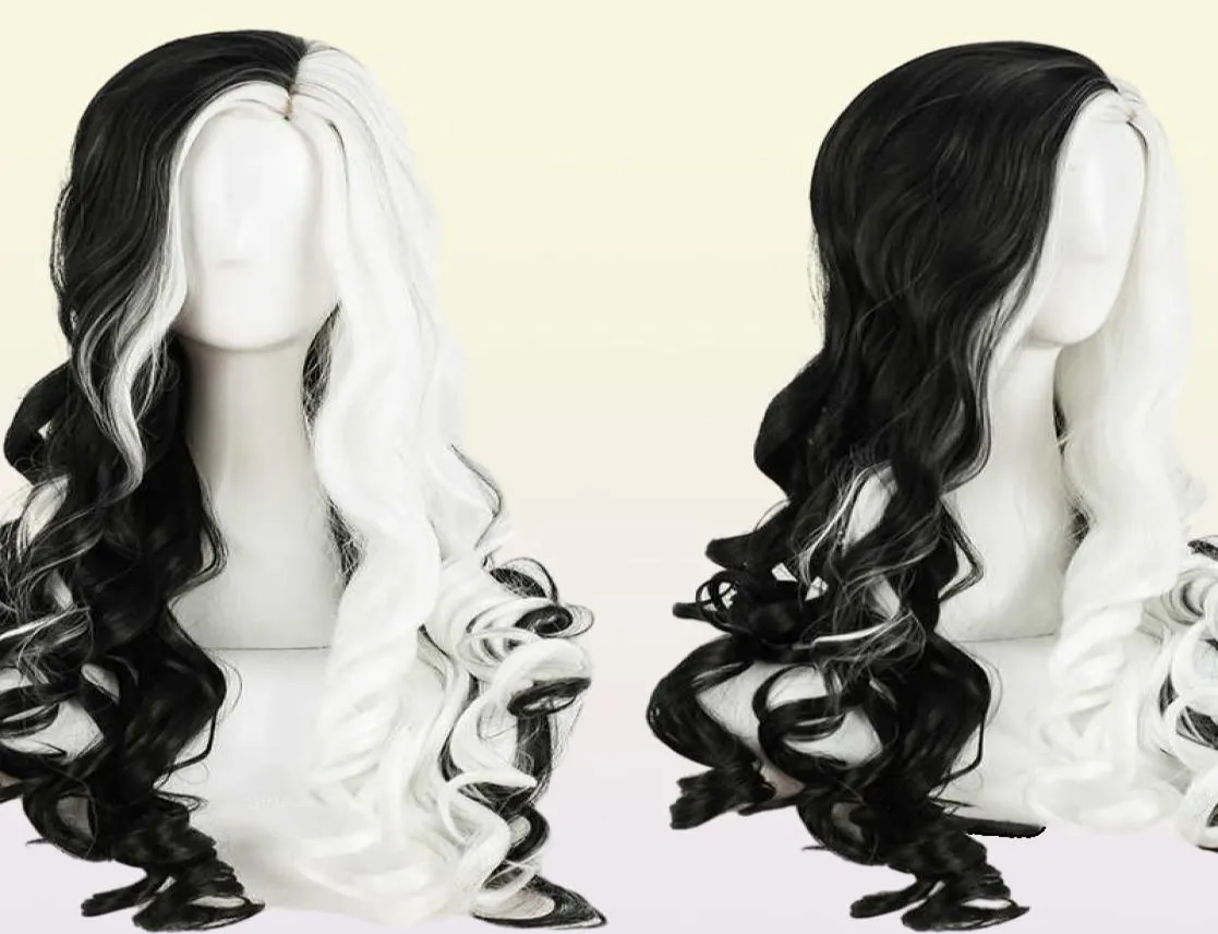 Cruella DeVille de Vil Cosplay Wigs de 75 cm de comprimento Curly Meio Branco Branco Black Resistente a Cabelo Sintético Cap Y09131098010