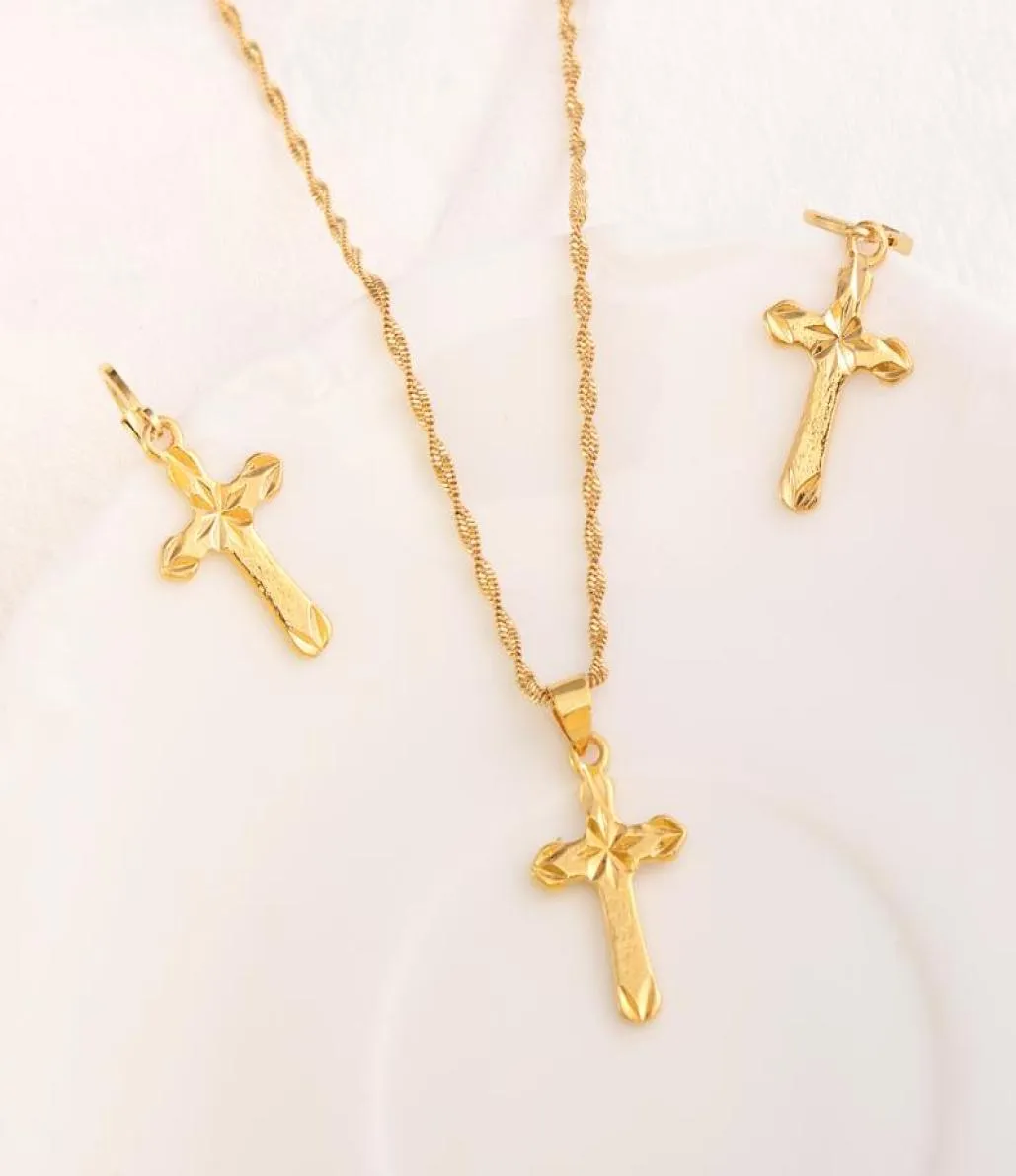 Earrings Necklace 18 K Yellow Fine Gold Filled Cross Pendantchain Set Small Mini Tax Stamp Christian Jewelry Sets Women Girl Jes5230155