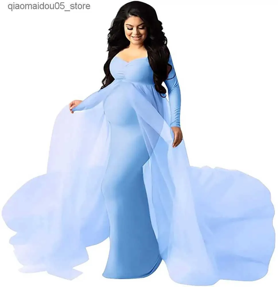 فساتين الأمومة Sepzay Womens Long Sleeved Counder Counder Woman Maxi Photography Dress Prether Wedding Mermaid Dress for Photoshot Baby Shower Q240413