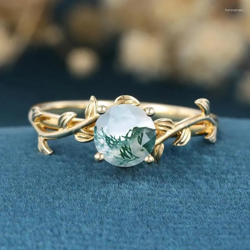 Pierścienie klastra eleganckie liść w kształcie liści okrągły naturalny zielony kamień pierścień mchu zaręczyny 925 Srebrny zespół dla kobiet Prezent biżuterii
