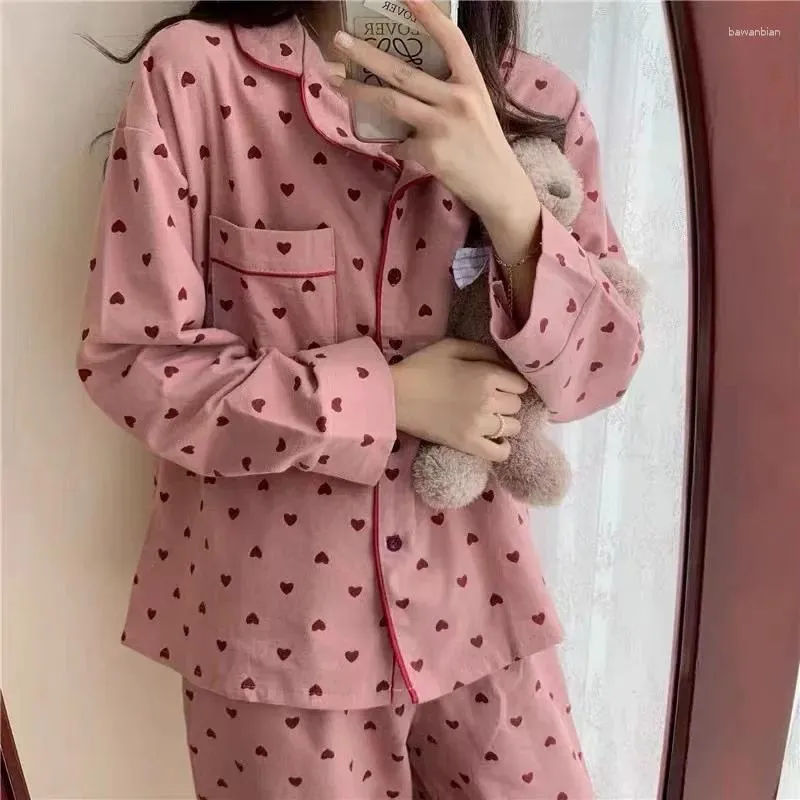 Home Clothing Heart Pattern Women's Suit Sweet Two Piece Set Pajamas Comfort Soft Nightwear Korean Lovely Cute Lapel Pocket Sleepwear