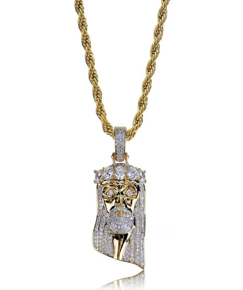 Fashion Copper Gold Color Plated Iced Out Jesus Face Pendant Necklace Micro Pave Big CZ Stone Hip Hop Bling Jewelry4841306