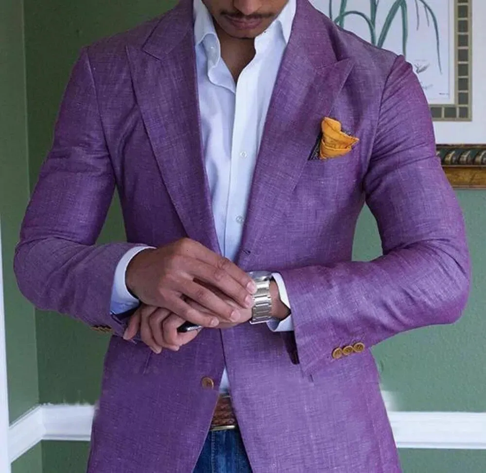 Purple Mens Linen Suits Summer Beach Jacket Slim Fit For Men Tuxedo Groom Wedding Groomsman 1 PC 240407