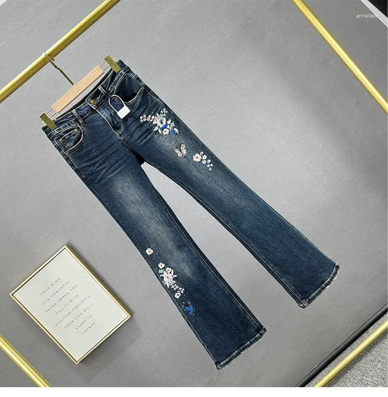 Dames jeans denim bootcut broek 2024 herfst hoge taille slanke elastische skinny borduurwerk strass Jean