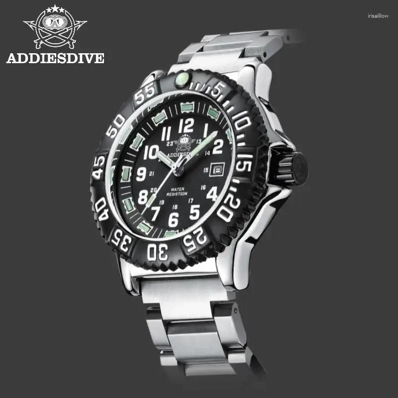 Wristwatches Addies Dive Men Watch 316L Stainless Steel Strap Black Dial 50m Waterproof Luminous Hand 51mm Alloy Case Sports