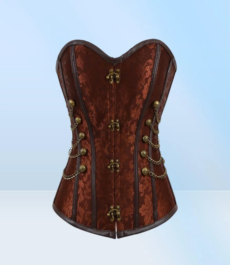 Femmes Vintage Steampunk Gothic PU Le cuir Panels Jacquard Overbust Corset Top avec chaînes et boutons Accent S6xl Plus taille Brown7812081