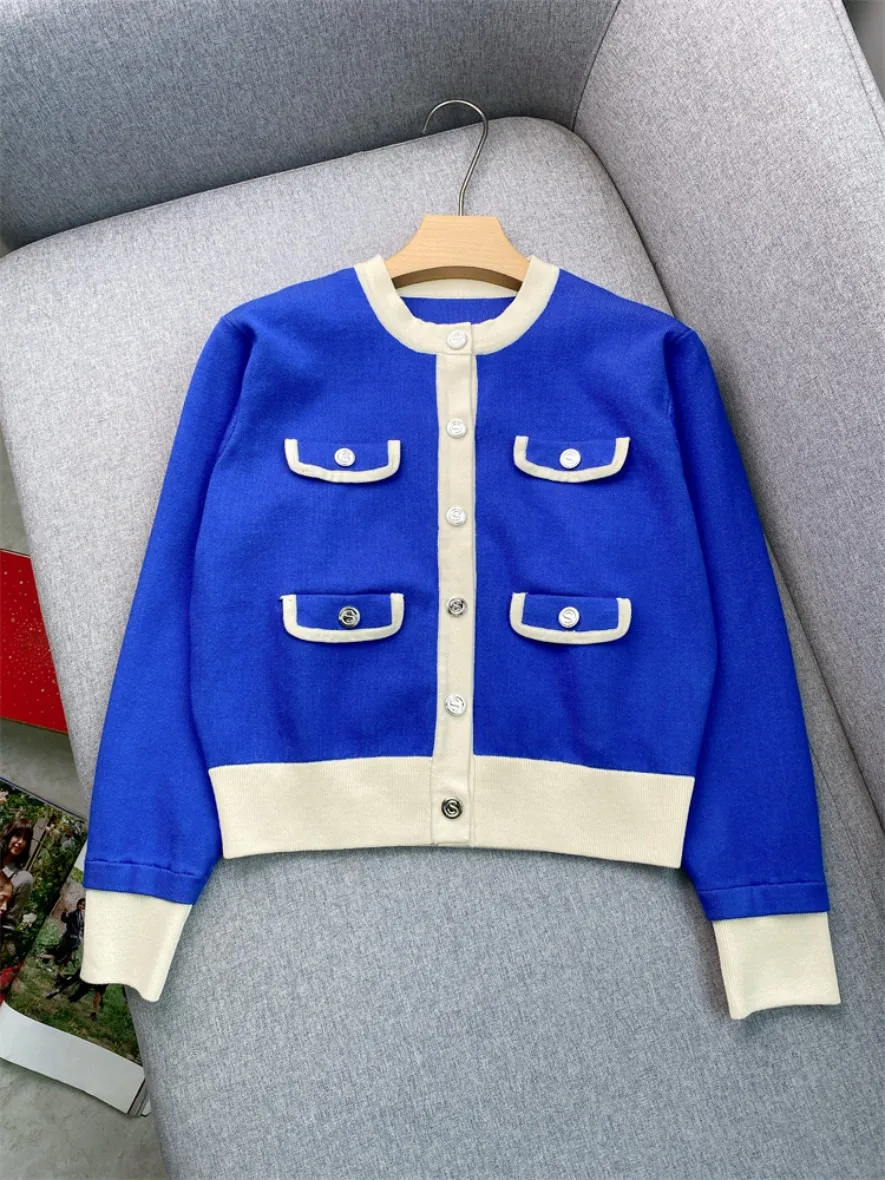 Couleur de contraste bleu de printemps Pull en tricot en tricot en tricot à manches longues à manches longues à manches longues couches à ponts mono-ponts Y3D283994